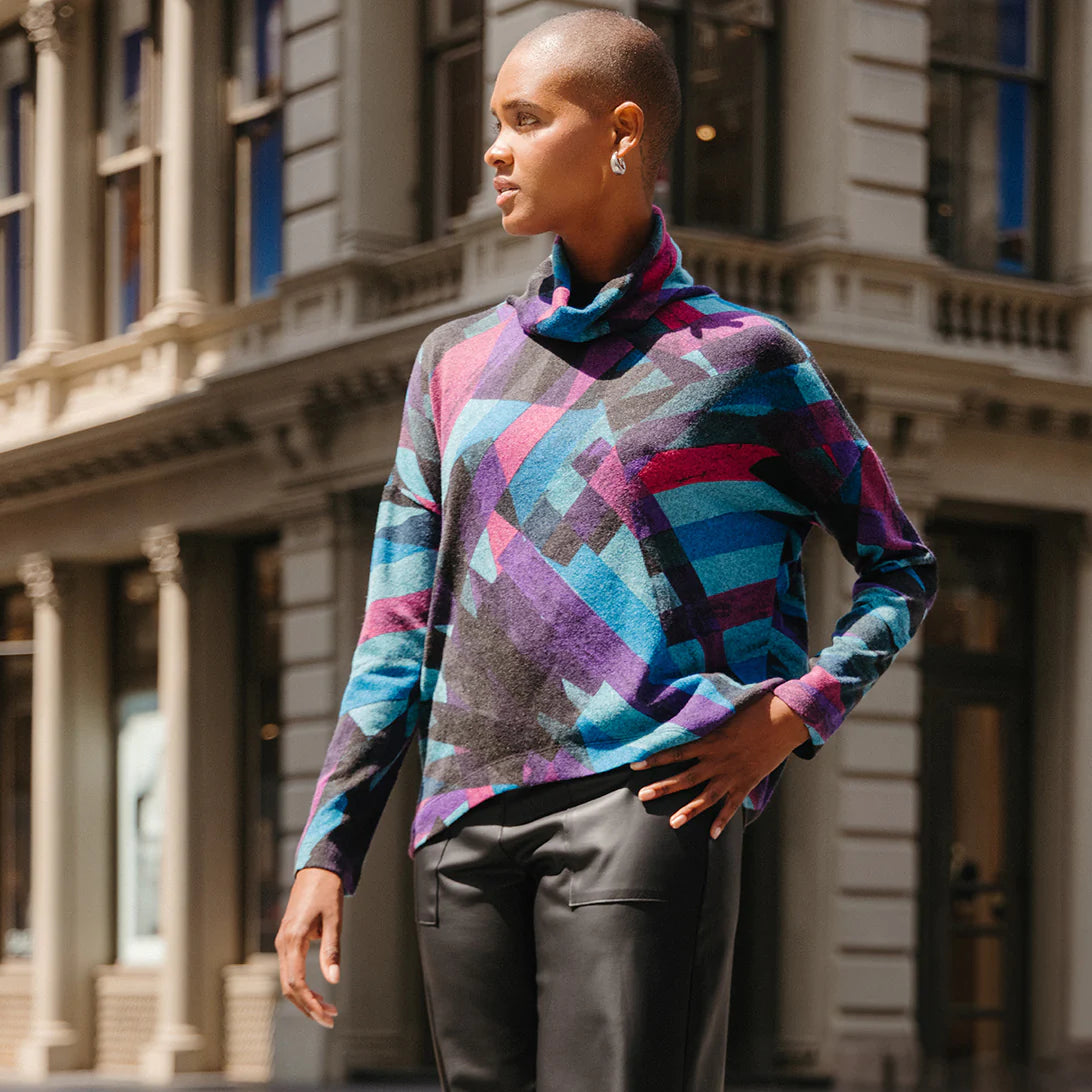 Ribbon Print Turtleneck Sweater W/Tipped Hem-Turquoise Multi