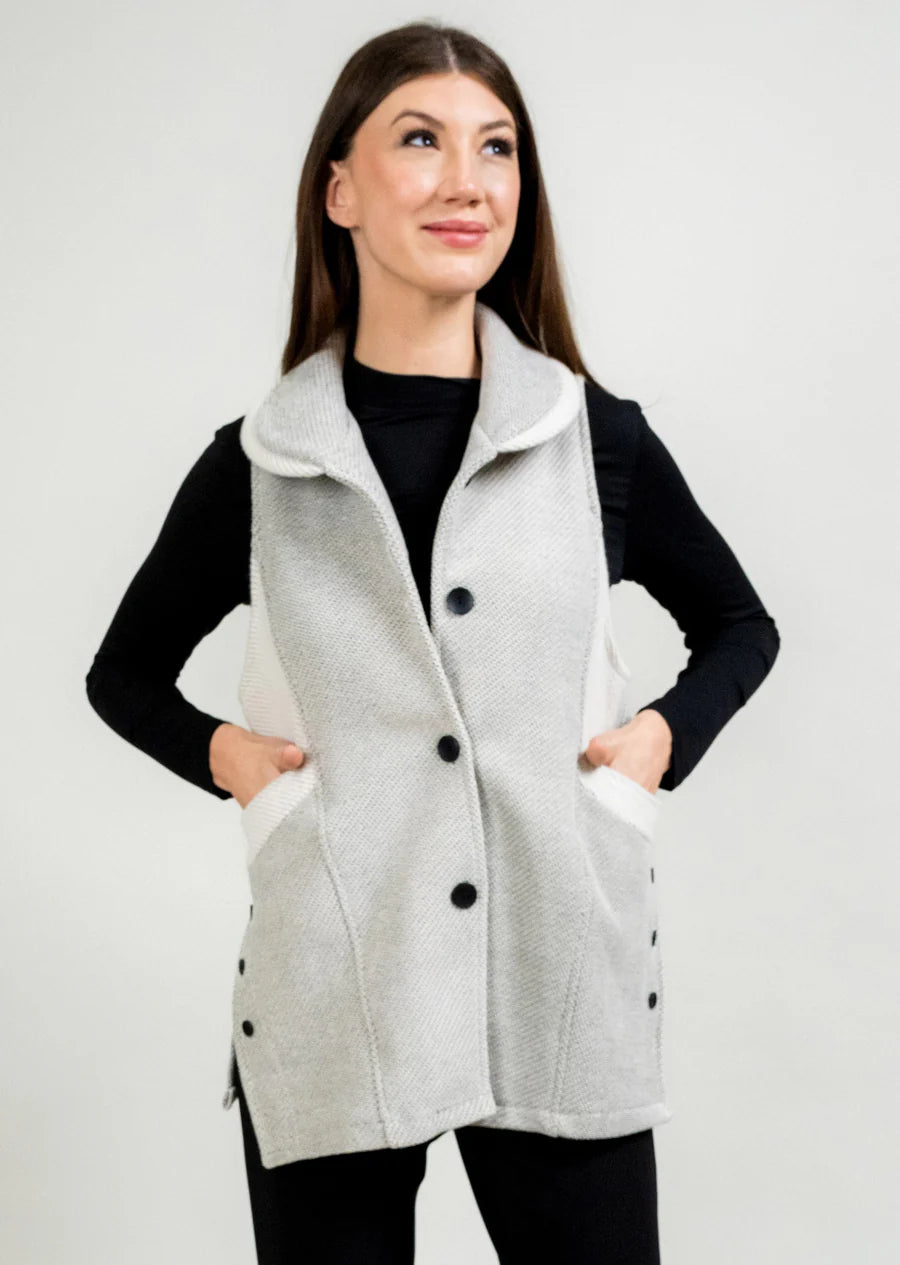 Shorter Side Button Vest W/Front Rib Trim-Ivory/Black