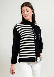 Asymmetric Stripe Paneled Mockneck Sweater-Black/White