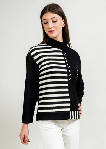 Asymmetric Stripe Paneled Mockneck Sweater-Black/White