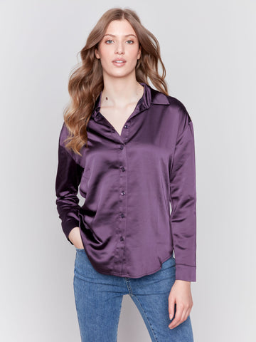 Long Sleeve Silk Button Up Top W/Sleeve Tab-Plum