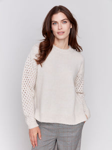 Crew Neck Plushy Yarn Sweater W/Net Stitch Sleeves-Almond