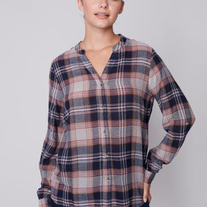 Plaid Shirt W/Rounded Collar-Navy