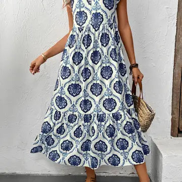 Boho Flutter Sleeve Floral Print V-Neck Midi Dress-Blue