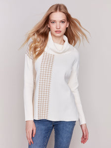 Jacquard Houndstooth Stripe Design Cowl-Neck Sweater-Ecru