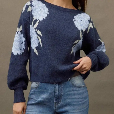 Vintage Floral Pattern Pullover Sweater-Blue