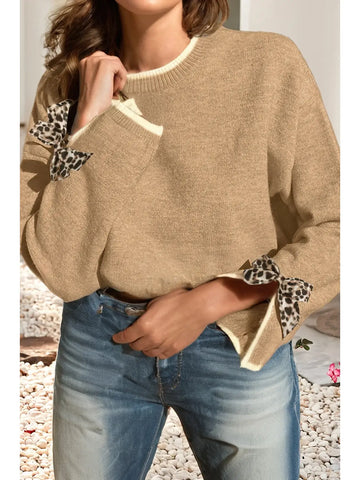 Leopard Bow Decor Sleeve Sweater-Tan