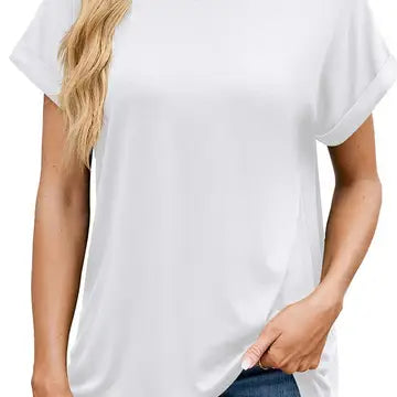 Solid Color Round Loose Neck S/S T-Shirt-White