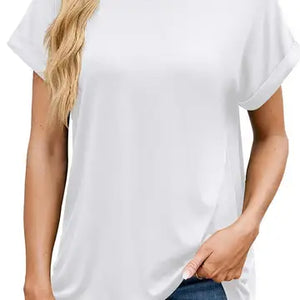 Solid Color Round Loose Neck S/S T-Shirt-White