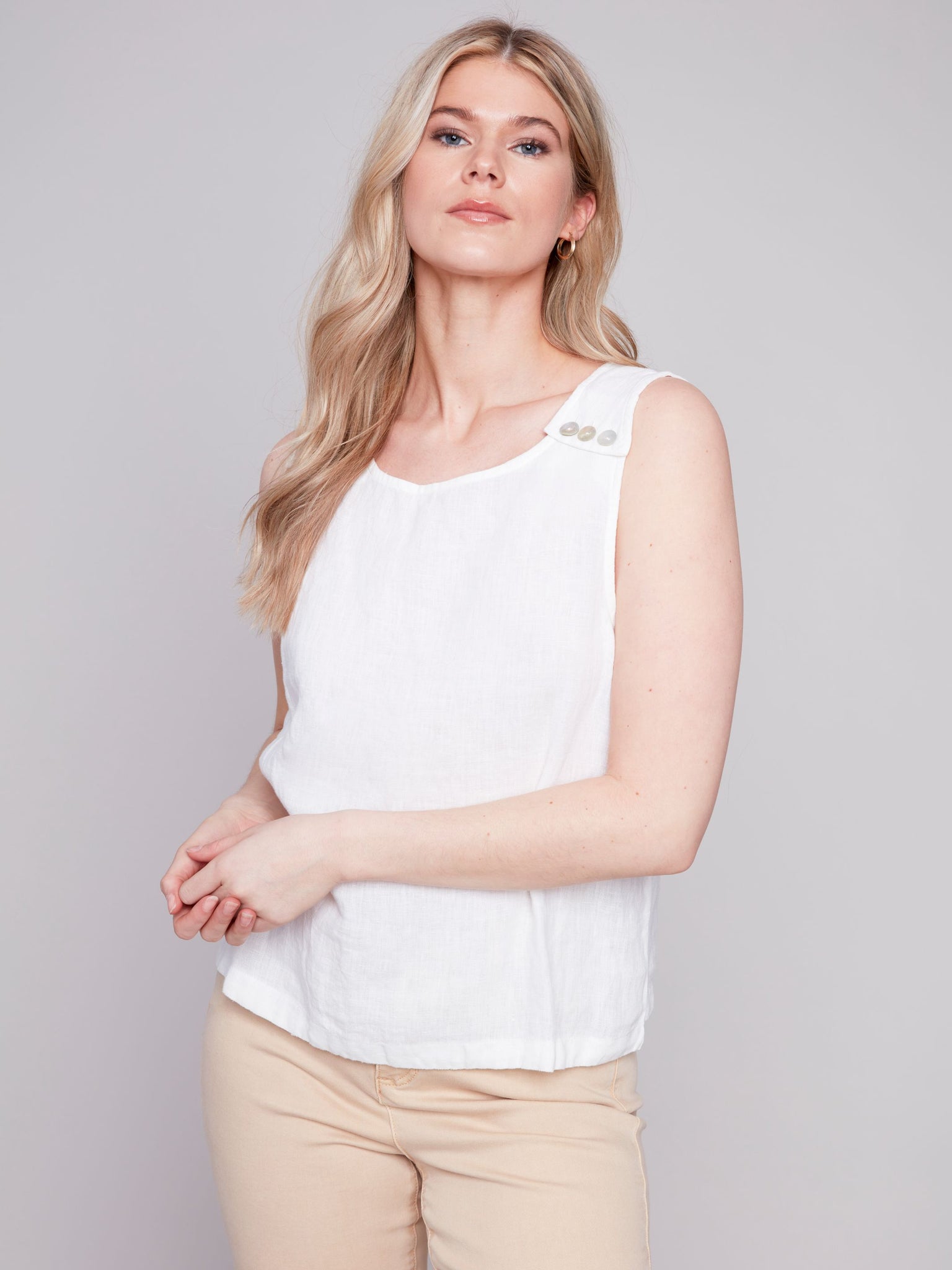 Sleeveless Linen Top W/Buttons-White