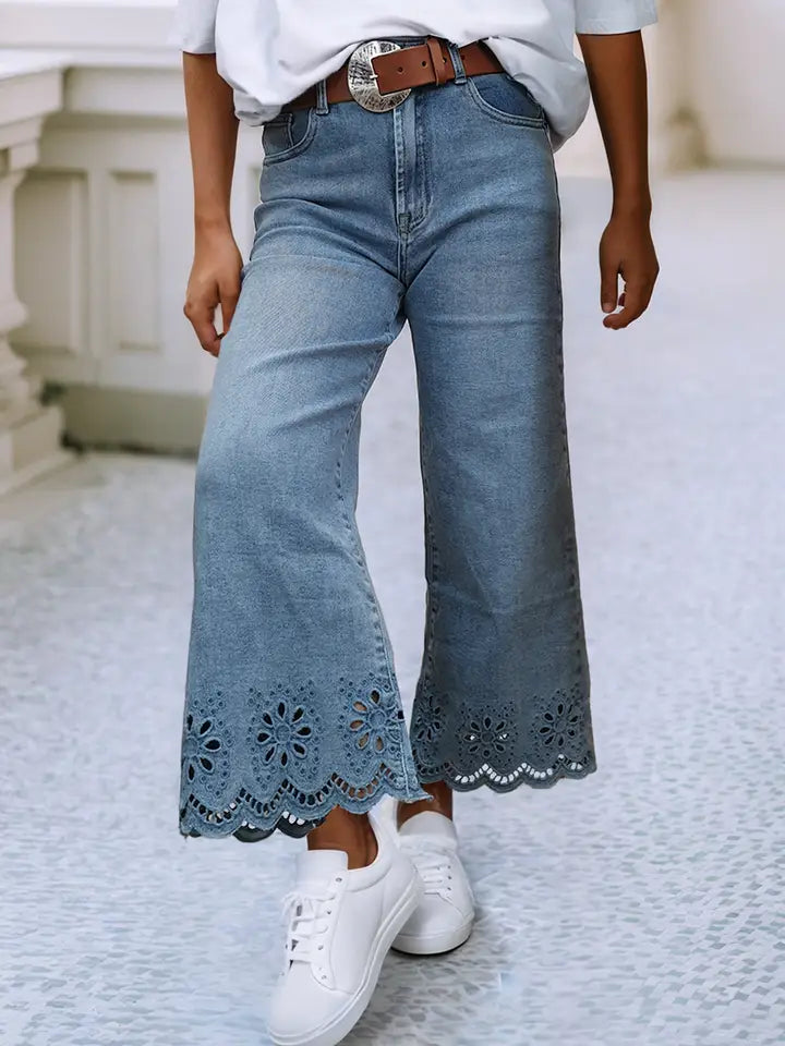 Embroidered Cropped High Waist Jean-Denim
