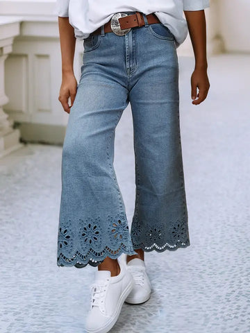Embroidered Cropped High Waist Jean-Denim
