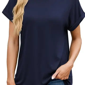 Solid Color Round Loose Neck S/S T-Shirt-Navy