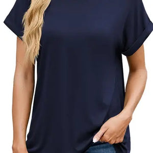 Solid Color Round Loose Neck S/S T-Shirt-Navy