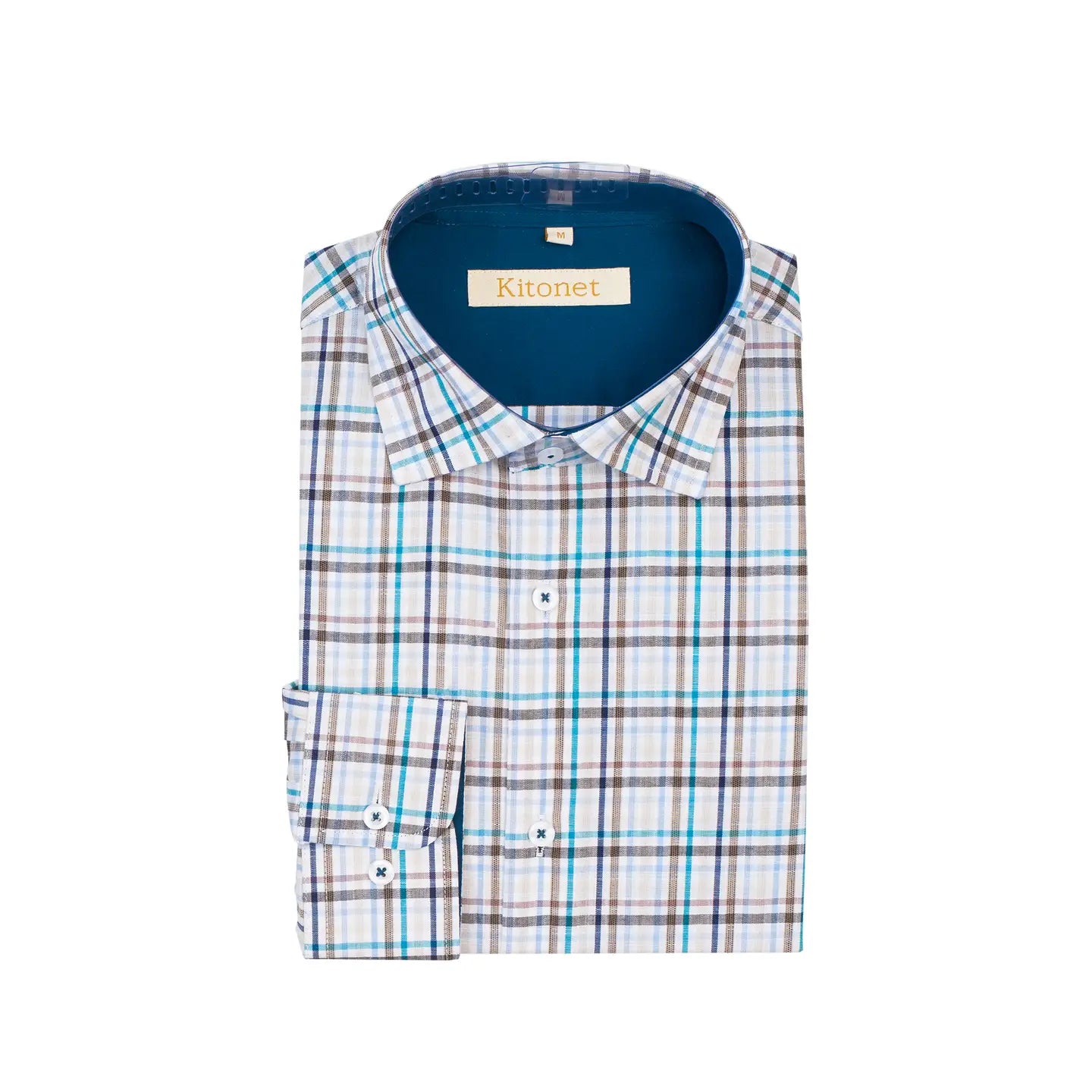 Men's Button Down Shirt-Turquoise/Brown Plaid