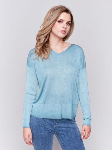 Cold Dye Light Knit V-Neck Drop Shoulder Sweater-Peacock