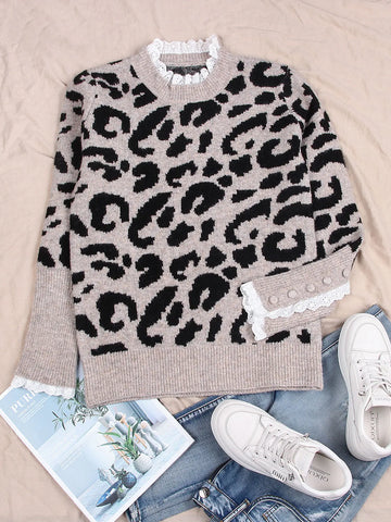 Leopard Print Spliced Lace Trim Pullover Sweater-Khaki