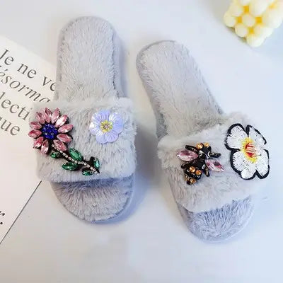Crystal Flowers & Bee Embellished Slippers -Grey