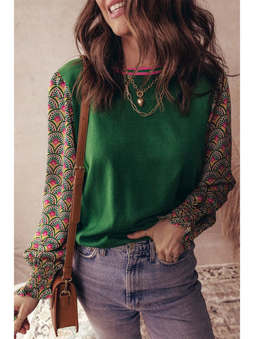 Floral Patchwork Shirred Cuff Puff Sleeve Sweater-Blackish Green