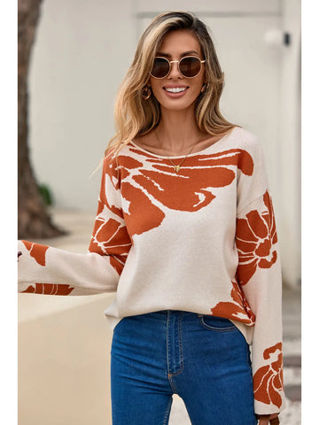 Bold Flower Sweater-Khaki/Orange