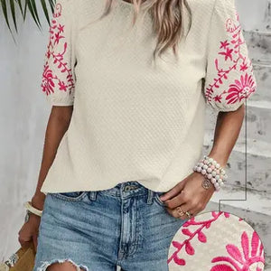 Embroidered Crewneck Puff Sleeve S/S Top-Cream