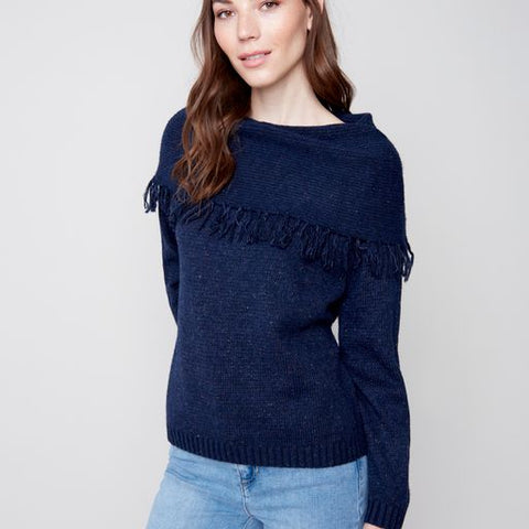 Fringed Cowl Neck Sweater-Denim