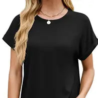 Solid Color Round Loose Neck S/S T-Shirt-Black