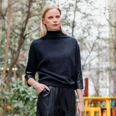 Soft Ribbed Funnel Neck Sweater W/Leather Cuff-Black