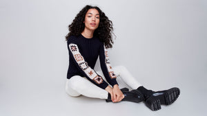 Crew Neck Sweater Knit W/Crochet Sleeves-Navy