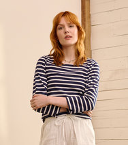 Navy Blue Stripes Button Breton Shirt-Patriot Blue