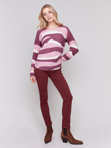 Reversible Printed Plushy Crew Neck Sweater W/Ripped Edges-Burgundy