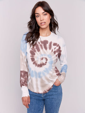 Printed Crew-Neck Ripped Edges Drop-Shoulder Plushy Sweater-Frost