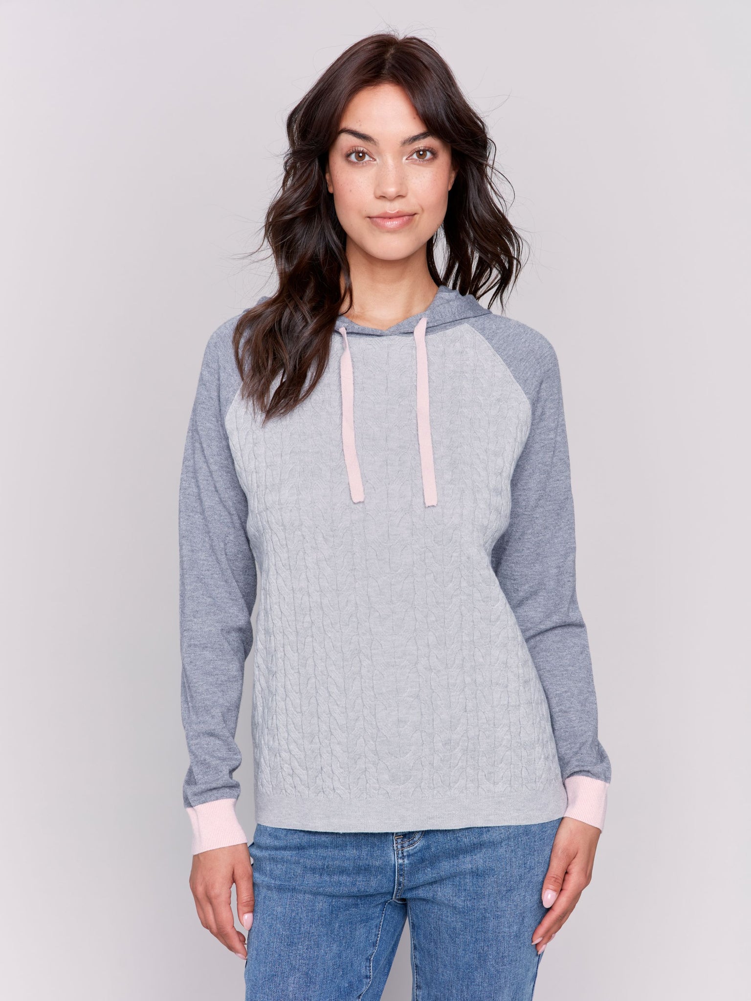 Cable Knit Color Block Raglan Hoodie Sweater-Grey