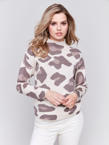 Animal Jacquard Mock-Neck Drop Shoulder Sweater-Almond