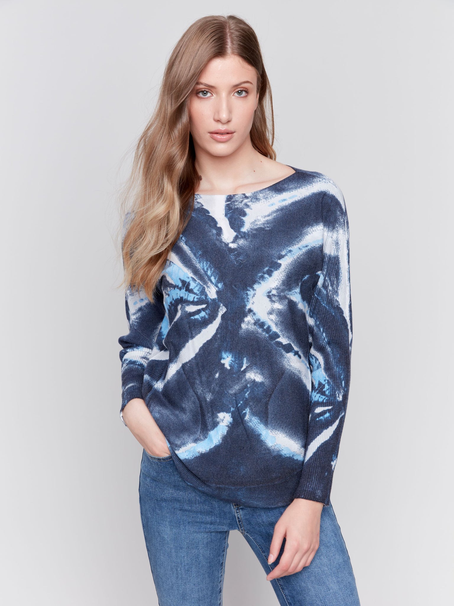 Printed Round Hem Sweater W/Front Pockets And Back Lacing-Storm