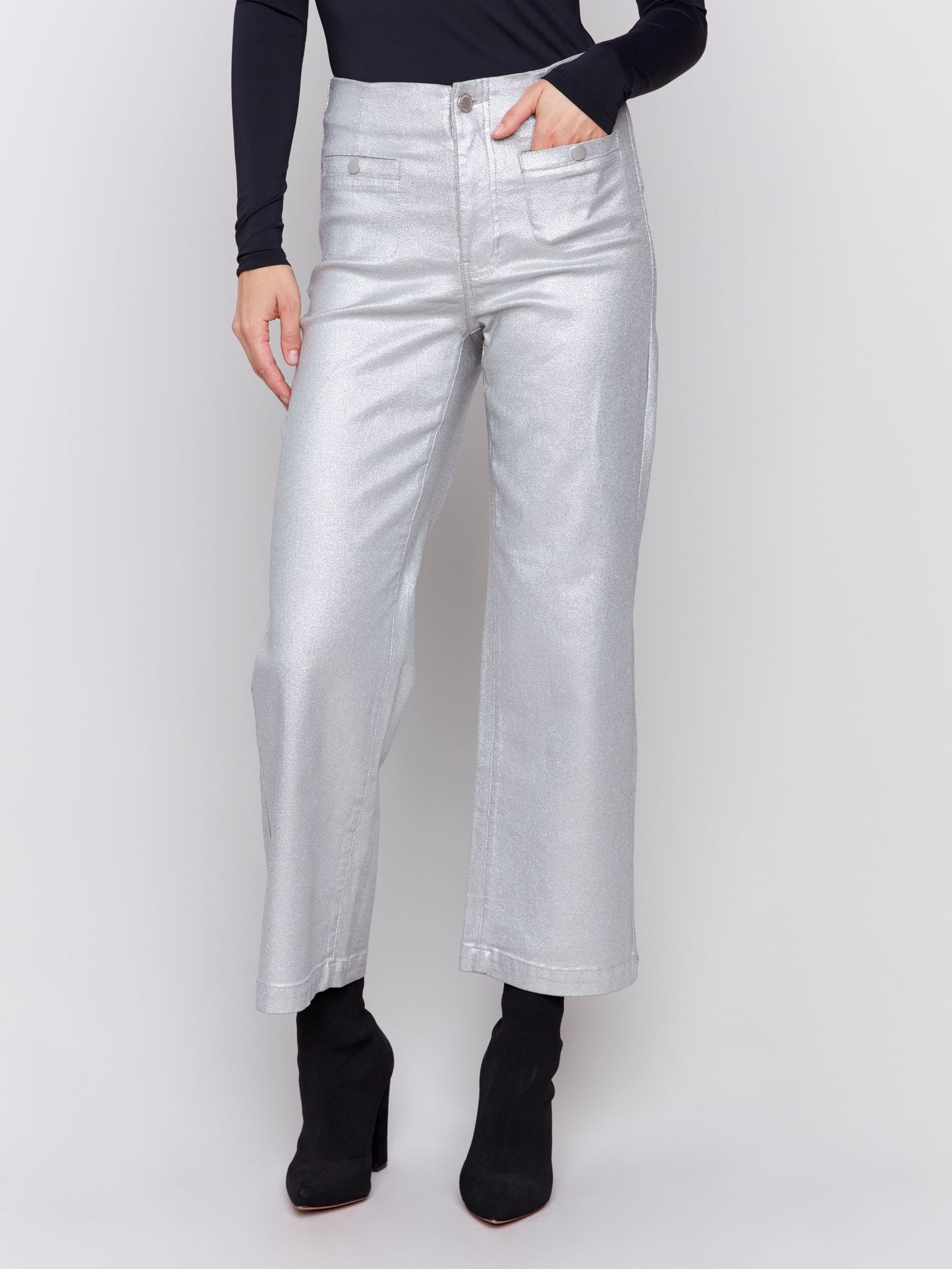 Shimmery Twill Pull On Pant W/Welt Pocket-Silver