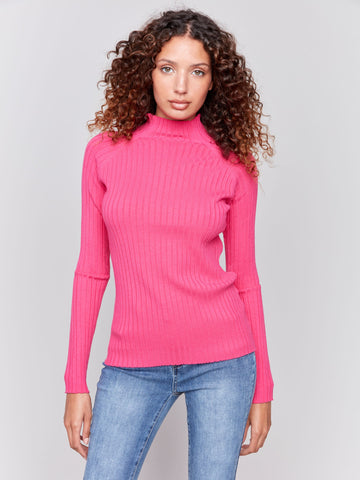 Mock Neck Ribbed Fine Knit Sweater-Magenta