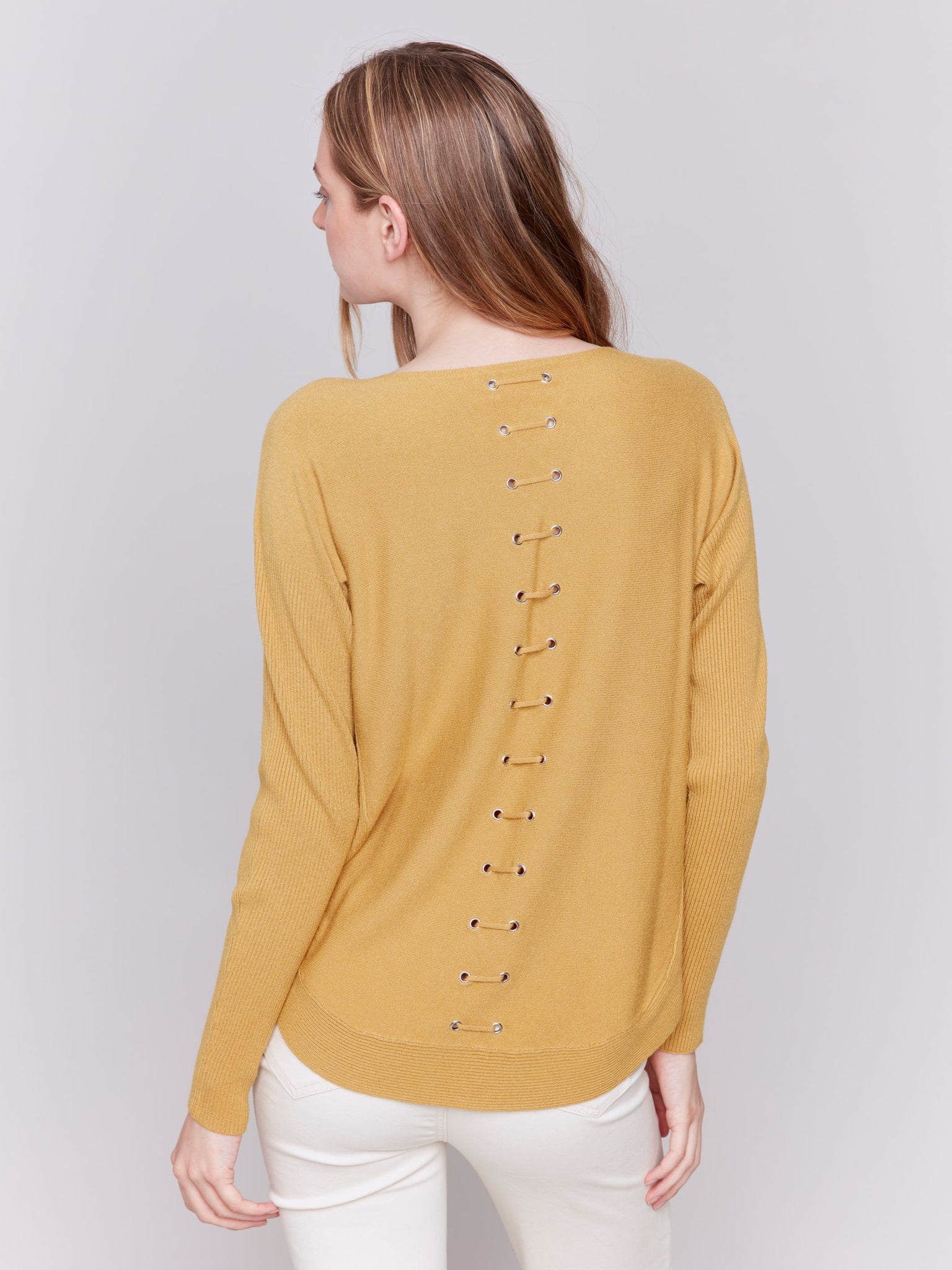 Round Hem Sweater W/Front Pockets And Back Lacing-Amber