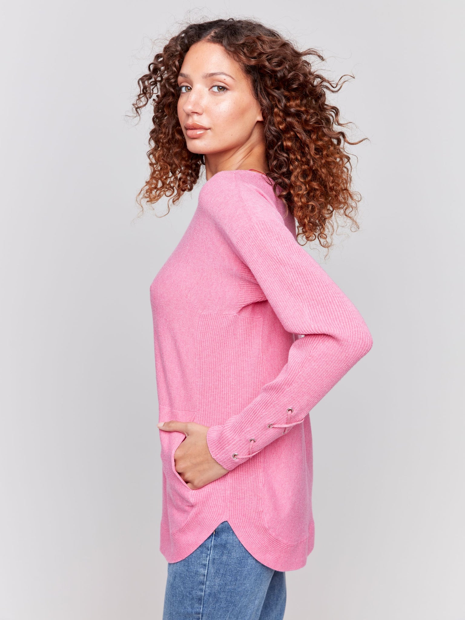 Round Hem Sweater W/Front Pockets and Sleeve Lacing Details-Magenta