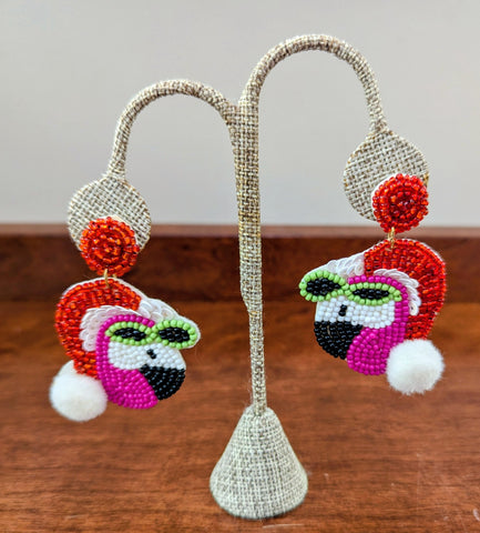 Flamingo Wearing Santa Hat Christmas Earrings