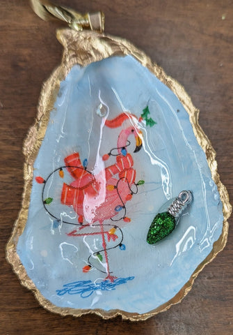 Flamingo Wrapped In Lights W/Bulbs Oyster Shell Christmas Ornament-Trimmed In Gold