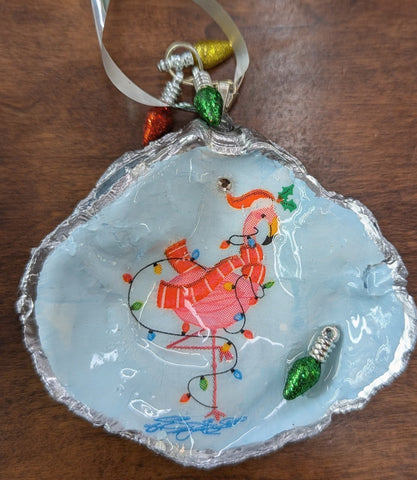 Flamingo Wrapped In Lights W/Bulbs Oyster Shell Christmas Ornament-Trimmed In Silver