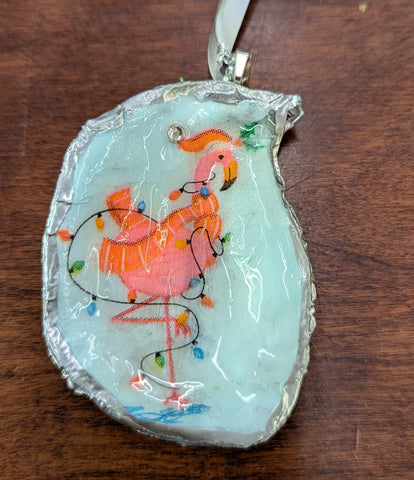 Flamingo Wrapped In Lights Oyster Shell Christmas Ornament-Trimmed In Silver
