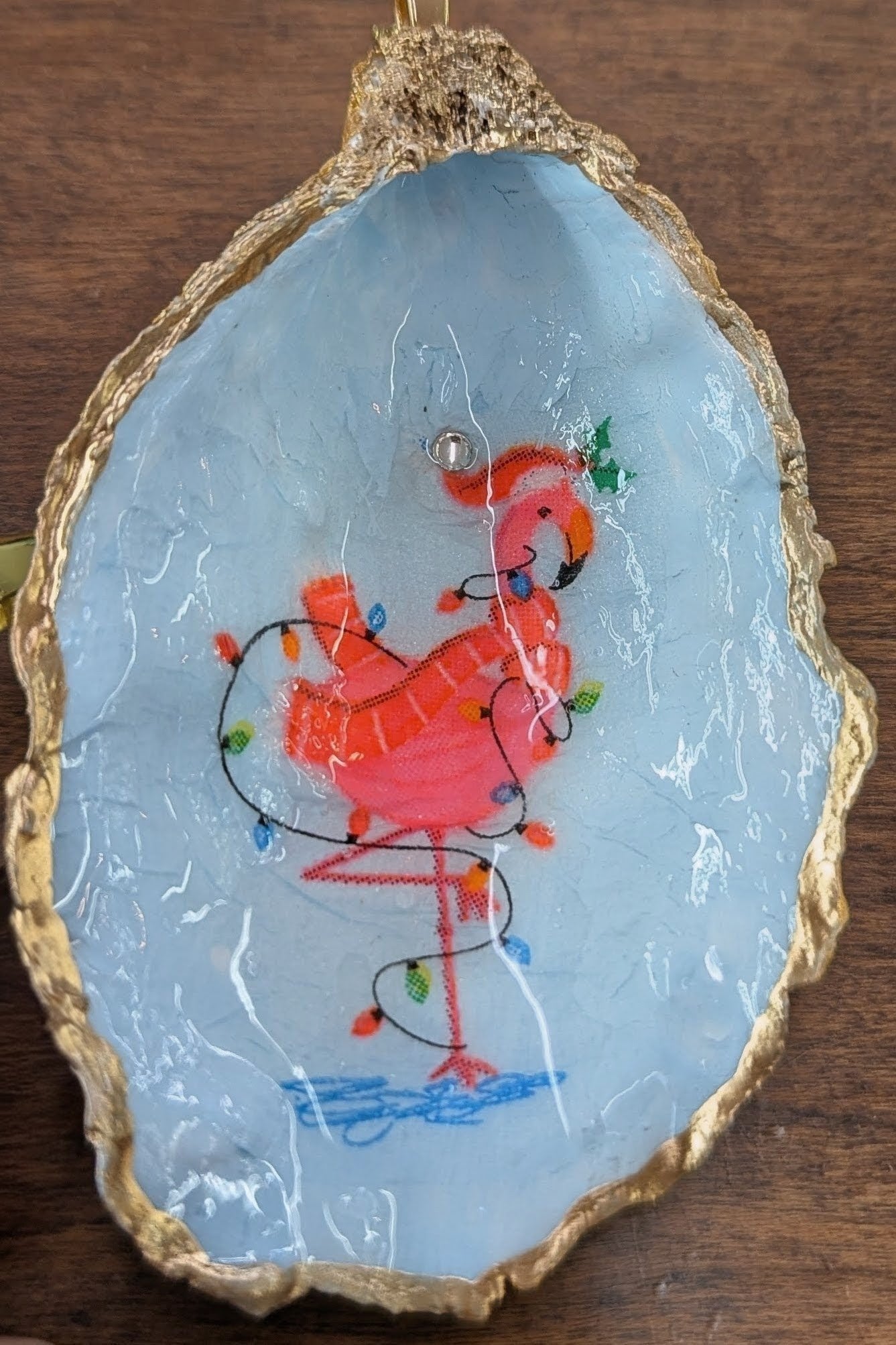 Flamingo Wrapped In Christmas Lights Oyster Shell Christmas Ornament-Trimmed In Gold