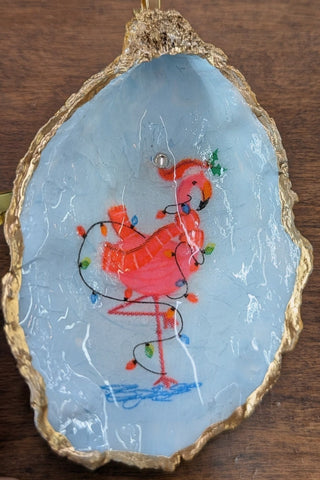 Flamingo Wrapped In Christmas Lights Oyster Shell Christmas Ornament-Trimmed In Gold