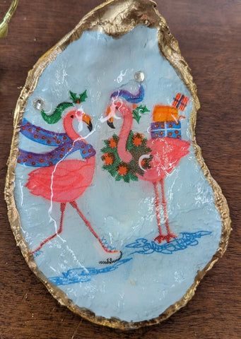 Flamingo Double The Fun Oyster Shell Christmas Ornament-Trimmed In Gold