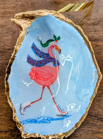 Ice Skating Flamingo Oyster Shell Christmas Ornament-Trimmed In Gold