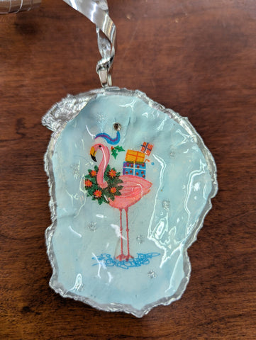 Flamingo With Gifts Oyster Shell Christmas Ornament-Trimmed In Silver