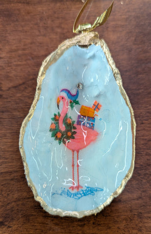 Flamingo With Gifts Oyster Shell Christmas Ornament-Trimmed In Gold