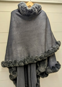 Poncho Trimmed In Fur-Grey